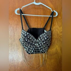 Black Bejeweled Bustier with Chains